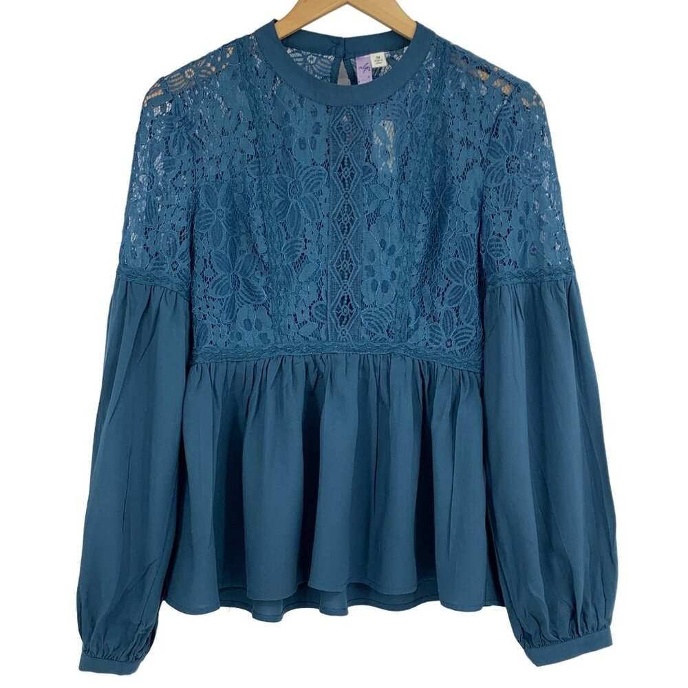 Alya Blue Lace Peplum Blouse With Balloon Sleeves Womens S/M Francescas NWT